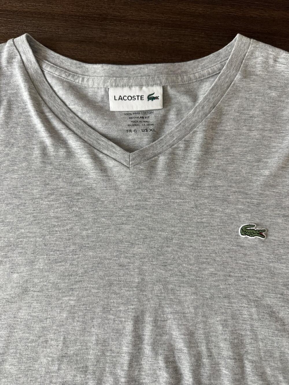 Lacoste Shirt Mens XL Melange Gray 100% Pima Cotton V Neck Long Sleeve Logo Tee